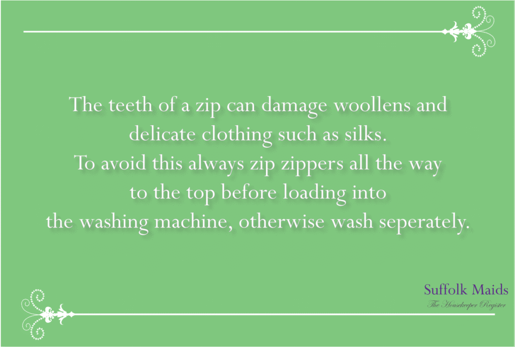 Poster titled “Zip Laundry Tip the Suffolk Maids Way,” explaining how closing zips protects delicate fabrics such as wool and silk during washing.